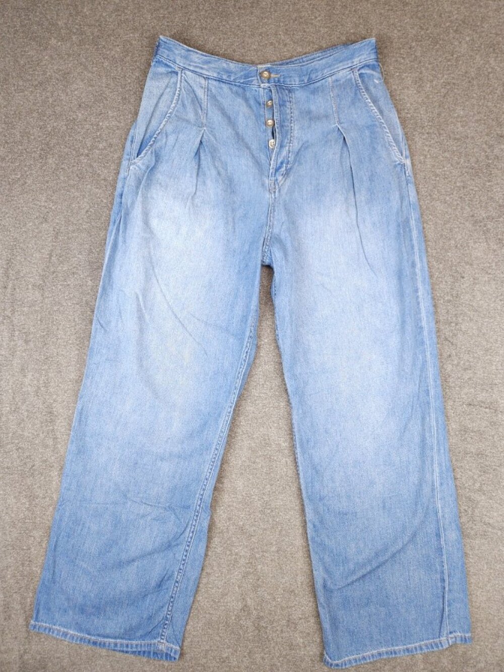 Free People Wide-Leg High-Rise Pleated Blue Jeans Womens 29 (30x28) Button-Fly